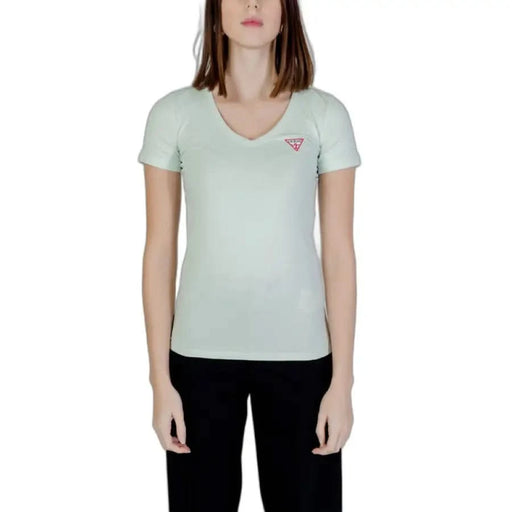 Mint green v-neck t-shirt with triangular logo - Guess Women T-Shirt