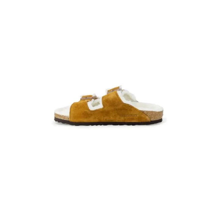 Mustard yellow suede Birkenstock sandal with white fleece lining for women