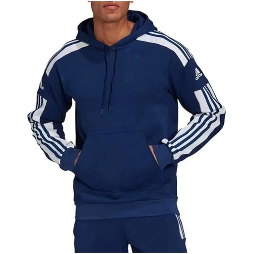 Navy blue Adidas hoodie featuring white stripes on shoulders and sleeves, perfect for men