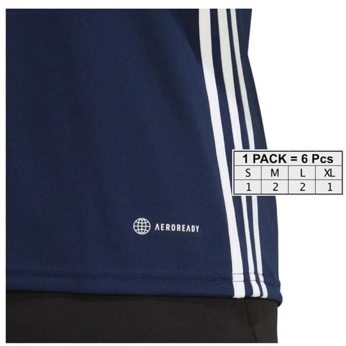 Navy blue Adidas men’s athletic shirt with white side stripes and ’AEROREADY’ logo