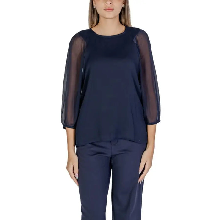 Navy blue blouse with sheer balloon sleeves by Street One for women’s fashion