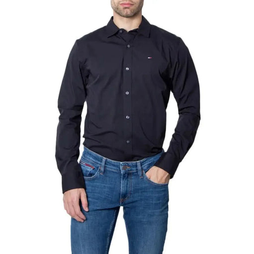 Tommy Hilfiger Men Shirt: Navy blue button-down paired with blue jeans