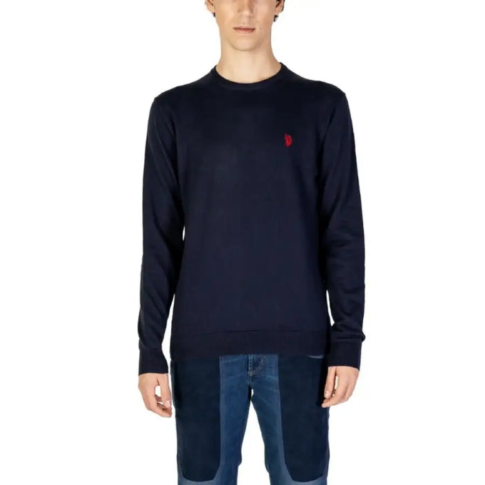 Navy blue crew neck sweater with red logo emblem from U.S. Polo Assn. menswear collection