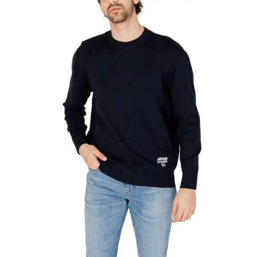 Navy blue crewneck sweater with logo, part of Armani Exchange Men Knitwear collection