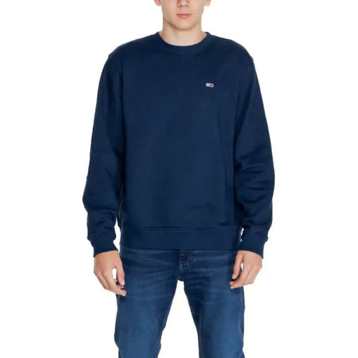 Navy blue crewneck sweatshirt with small chest logo from Tommy Hilfiger Men Sweatshirts