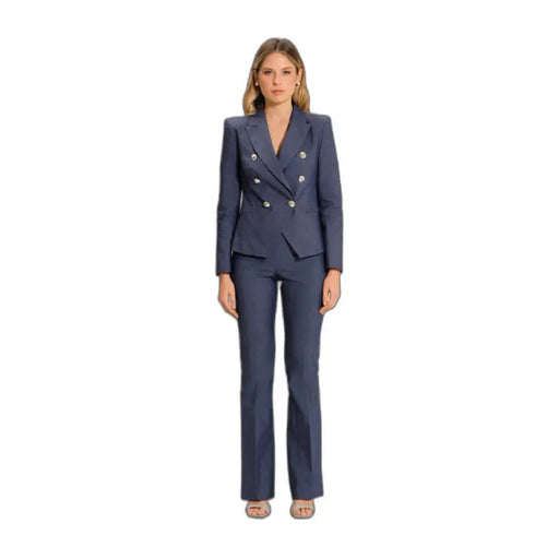 Navy blue double-breasted pantsuit with flared trousers by Rinascimento Women Blazer