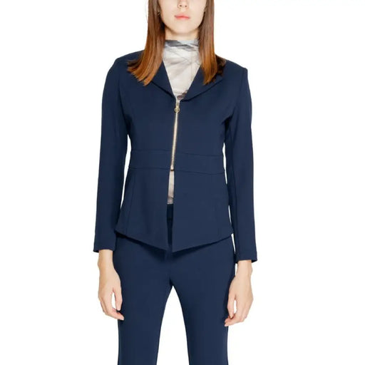 Navy blue fitted blazer with gold front zipper from Rinascimento Women Blazer collection