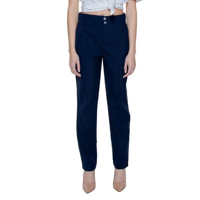 Navy blue high-waisted trousers with two buttons - Street One Women’s Trousers