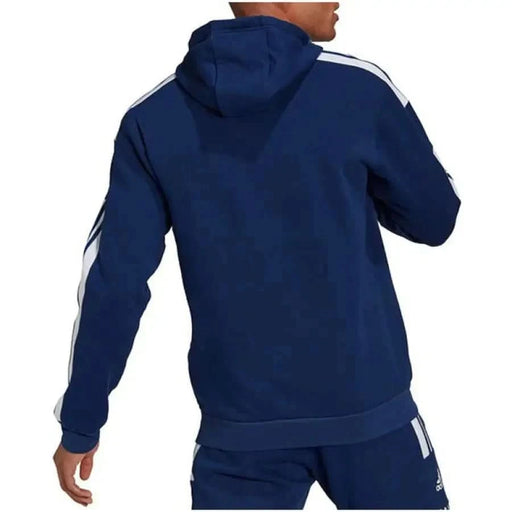 Navy blue Adidas men’s sweatshirt with white stripes on the sleeves