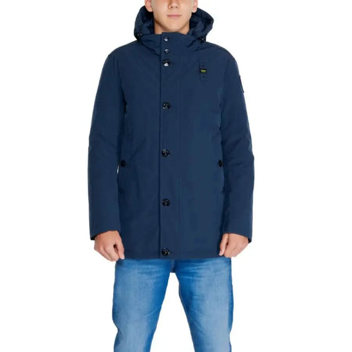 Navy blue hooded winter coat with button closures from Blauer Men Jacket collection