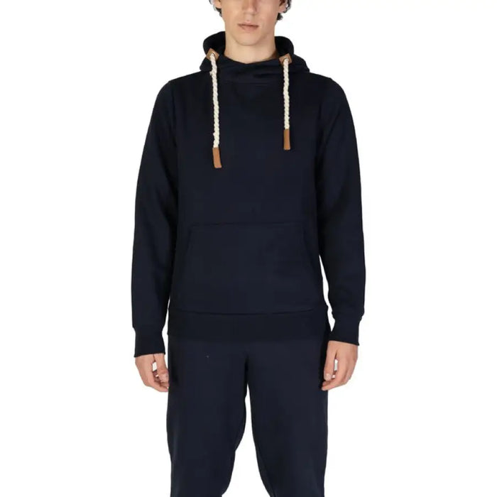 Navy blue hooded sweatshirt with rope drawstrings and leather accents for Hydra Clothing