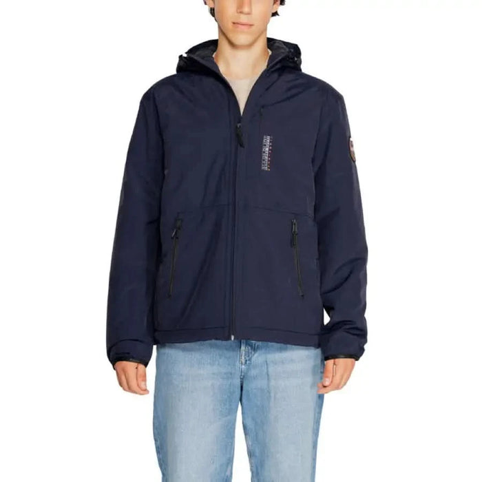 Navy blue zippered pocket hooded jacket by Napapijri for men