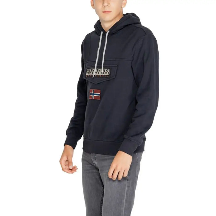 Navy blue hooded sweatshirt with Napapijri branding and Norwegian flag patch