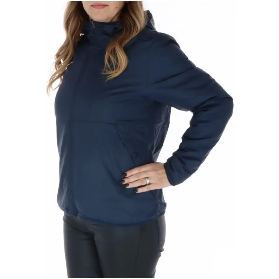 Nike Women’s Navy Blue Hooded Sweatshirt, worn by person with long wavy hair