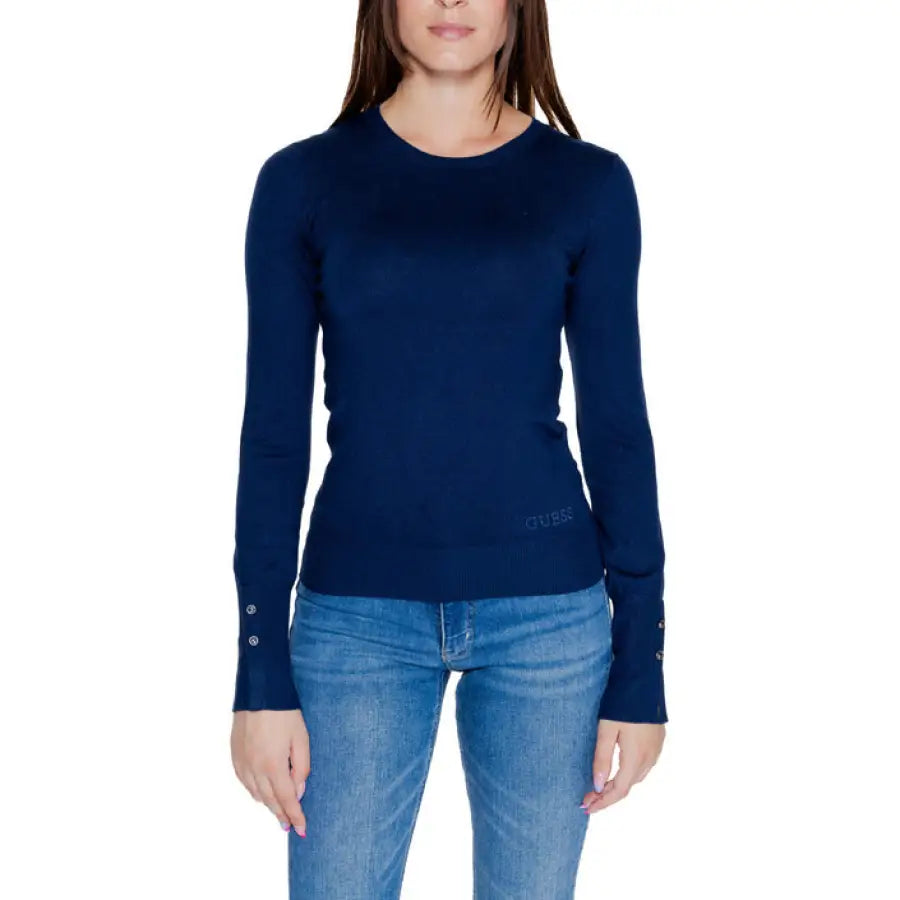 Navy blue crew neck long-sleeved sweater with cuff buttons - Guess Women Knitwear