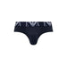 Navy blue men’s briefs featuring Emporio Armani logo waistband for stylish comfort