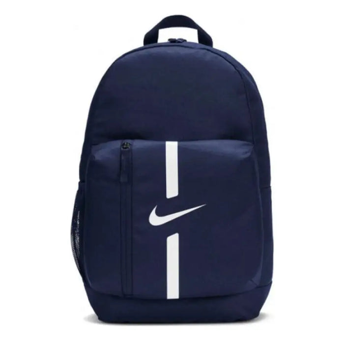 Navy blue Nike backpack with white swoosh logo and stripe displayed with Nike Men’s bag