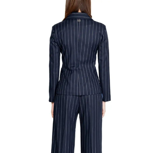 Navy blue pinstriped business suit jacket back view from Rinascimento Women Blazer