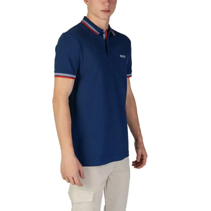 Navy blue Boss Men Polo shirt featuring red and white striped collar and sleeves