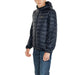 Navy blue puffy hooded jacket with horizontal quilting featured in Ea7 Men Jacket