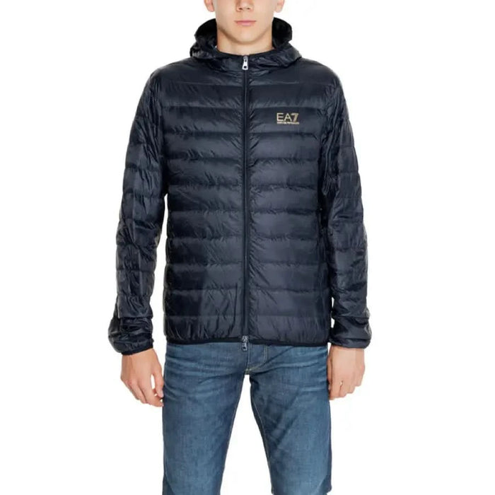 Navy blue quilted puffer jacket with hood and EA7 logo for men