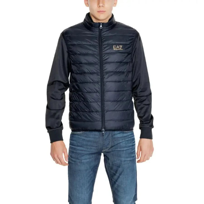 Navy blue quilted EA7 jacket for men featuring logo on the chest