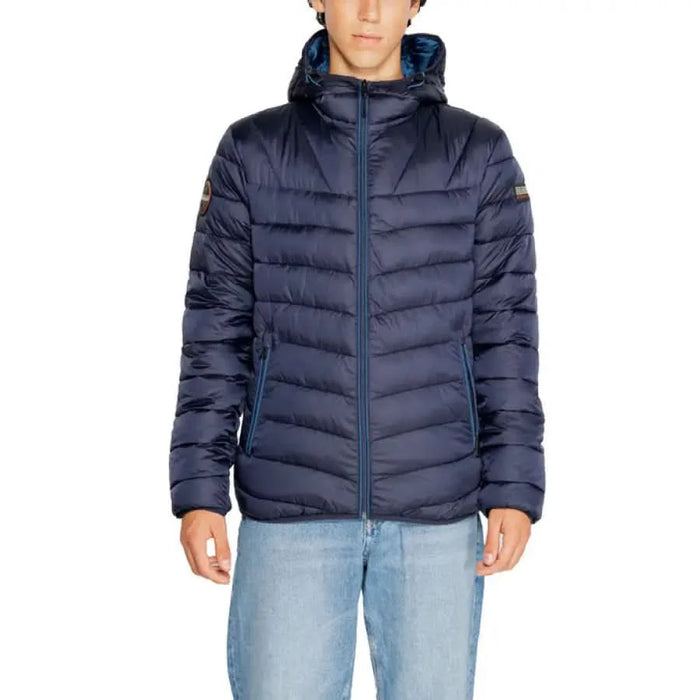 Navy blue quilted puffer jacket with hood and full-length zipper by Napapijri