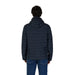 Navy blue quilted puffer jacket with hood displayed from the back for men