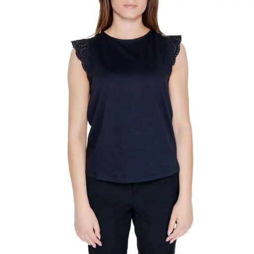 Navy blue sleeveless top with lace-trimmed cap sleeves - Vero Moda Women Top