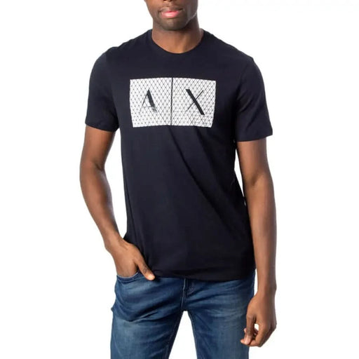 Navy blue Armani Exchange men’s t-shirt with white ’AX’ graphic in rectangular design