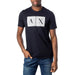 Navy blue Armani Exchange men’s t-shirt with white ’AX’ graphic in rectangular design