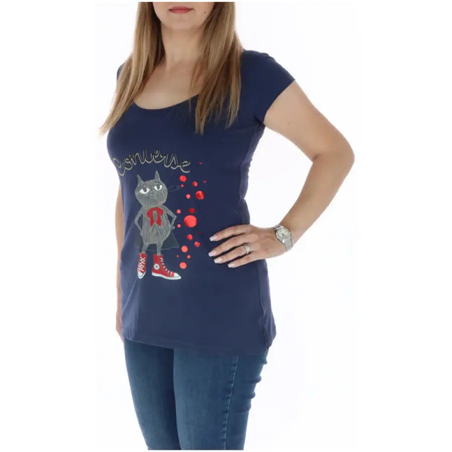 Navy blue t-shirt with cartoon cat design, red accents - Converse Women’s T-Shirt