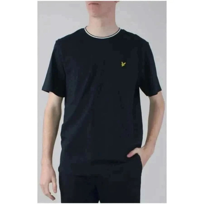 Navy blue Lyle & Scott men t-shirt with yellow logo and white collar trim