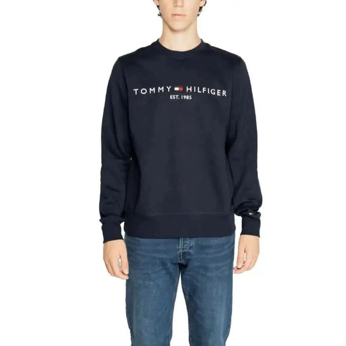 Navy blue Tommy Hilfiger sweatshirt for men featuring white logo text