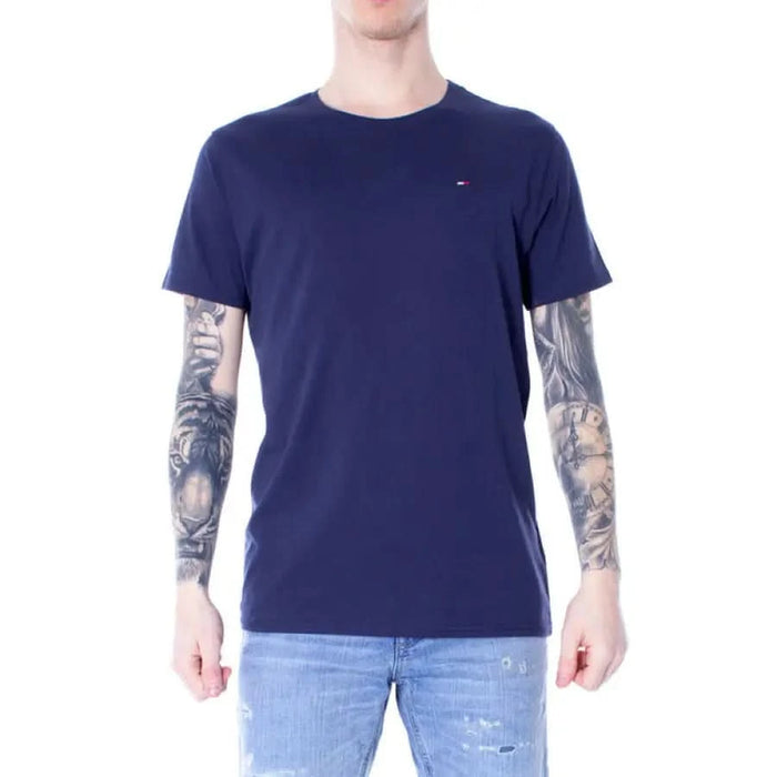 Navy blue Tommy Hilfiger T-shirt on tattooed model from Tommy Hilfiger Men’s Collection