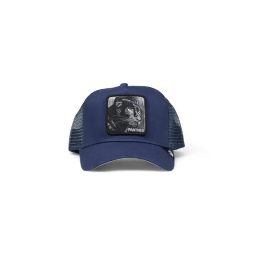 Navy blue trucker hat featuring black and white panther patch by Goorin Bros