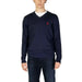 Navy blue V-neck sweater with red logo in U.S. Polo Assn. men’s knitwear collection