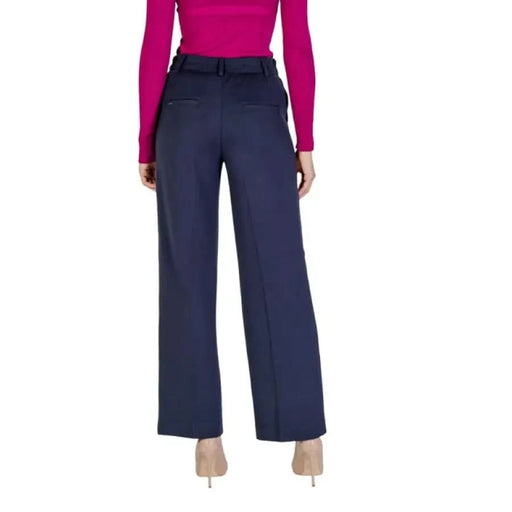 Navy blue wide-leg dress pants with a belt from Street One Women Trousers collection