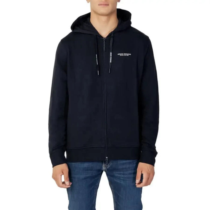 Navy blue zip-up hoodie with white logo, Armani Exchange Men Sweatshirts