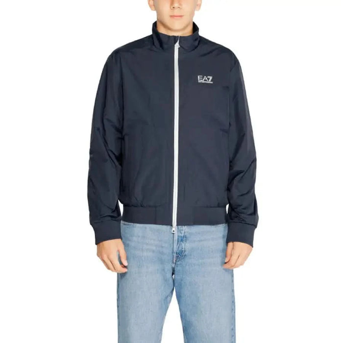 Navy blue zip-up jacket featuring EA7 logo on the chest for men