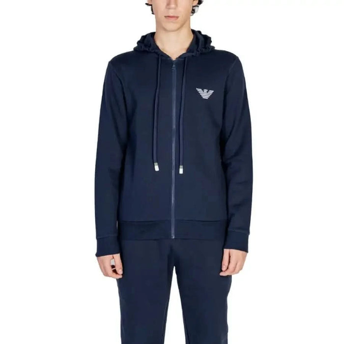 Navy blue zip-up hoodie featuring Emporio Armani logo for men’s sweatshirts