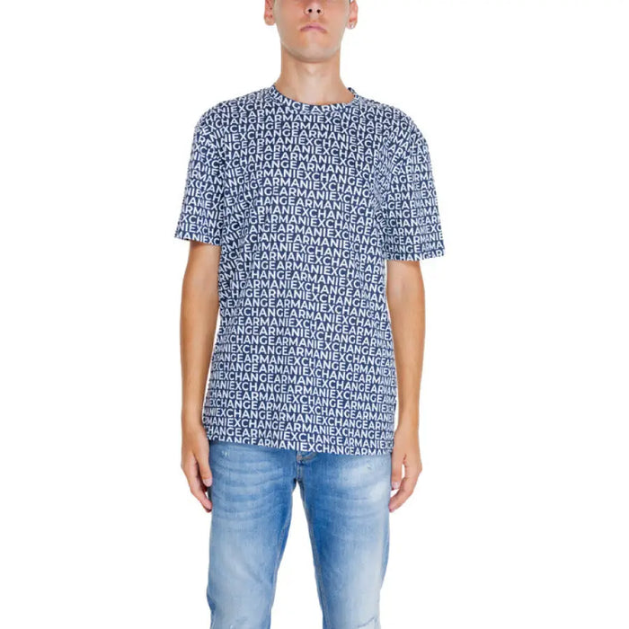 Navy and white patterned Armani Exchange t-shirt with all-over logo print