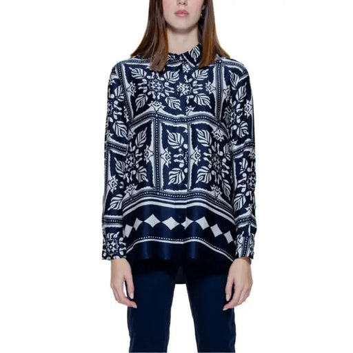 Navy and white patterned long-sleeved blouse - Street One Women Shirt with floral geometric design