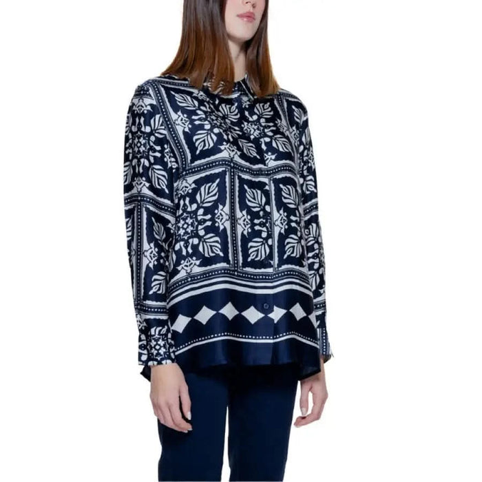 Navy and white patterned blouse with floral and geometric design - Street One Women Shirt