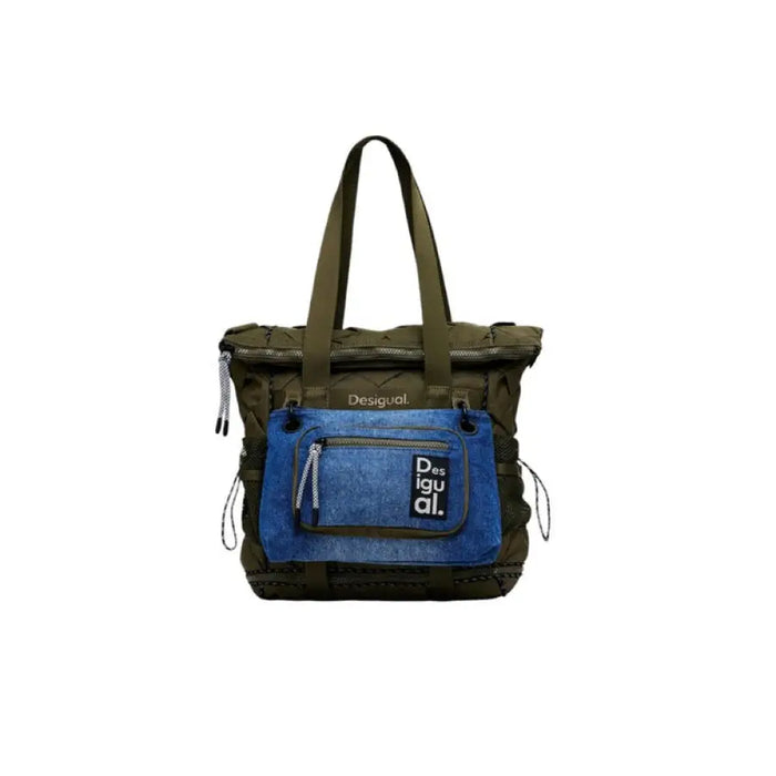 Olive green and blue Desigual tote bag with multiple pockets and roll-top closure