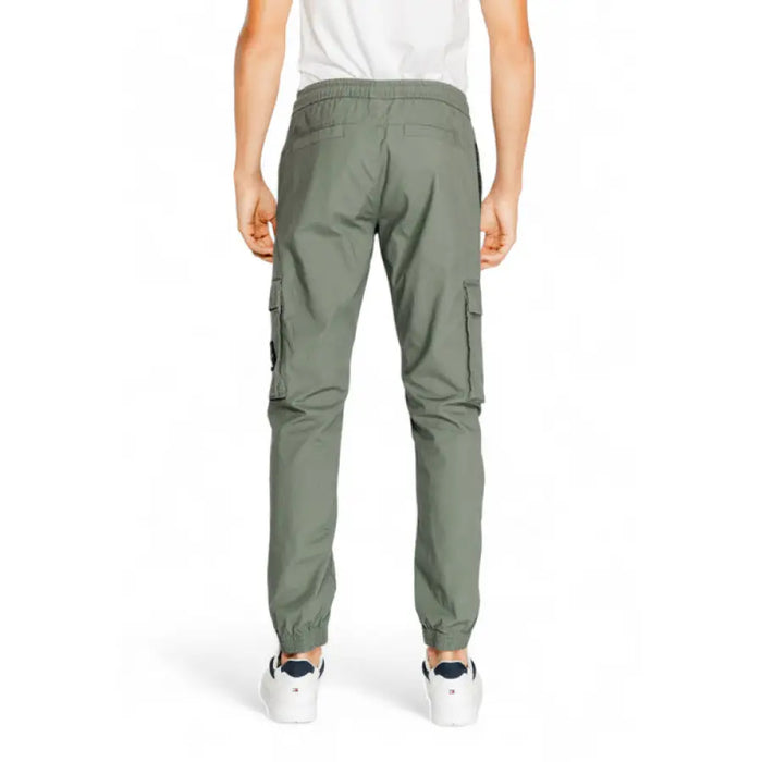 Calvin Klein Men Trousers Olive Green Cargo Pants with Elastic Cuffs and Side Pockets