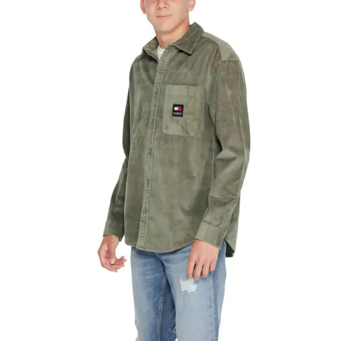 Olive green corduroy shirt with chest pocket logo patch by Tommy Hilfiger Men