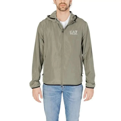 Olive green hooded jacket with EA7 logo featured in Ea7 Men Blazer collection