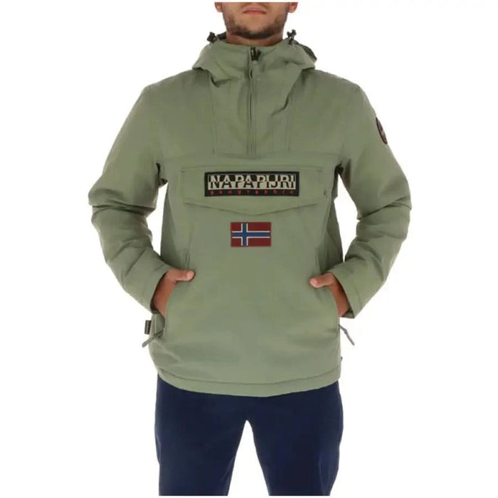 Olive green Napapijri pullover jacket featuring Norwegian flag patch for men