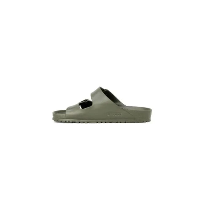 Olive green Birkenstock men slippers featuring two wide plastic straps